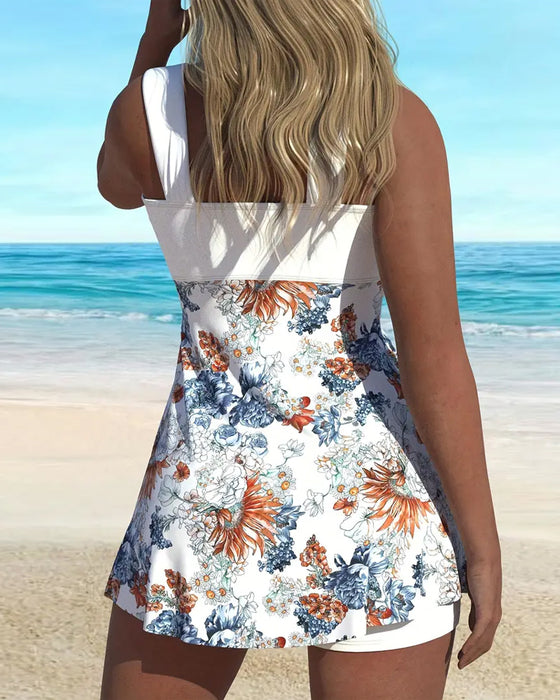 One-Piece Contrast Floral Print Swimdress