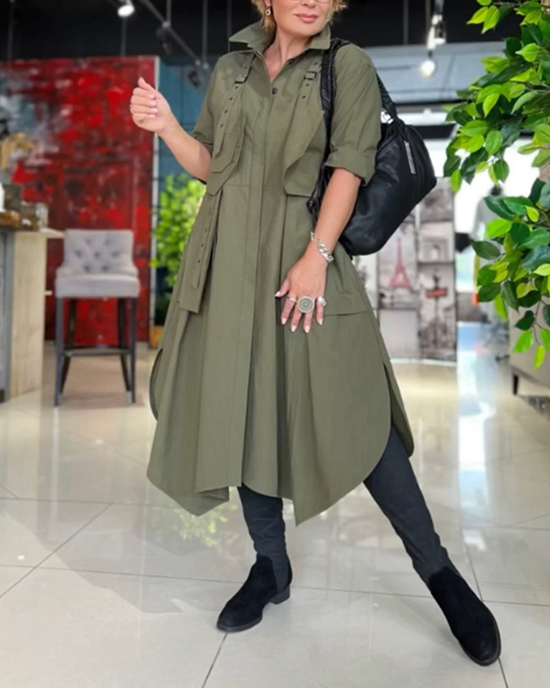 Lapel casual pocket solid color dress