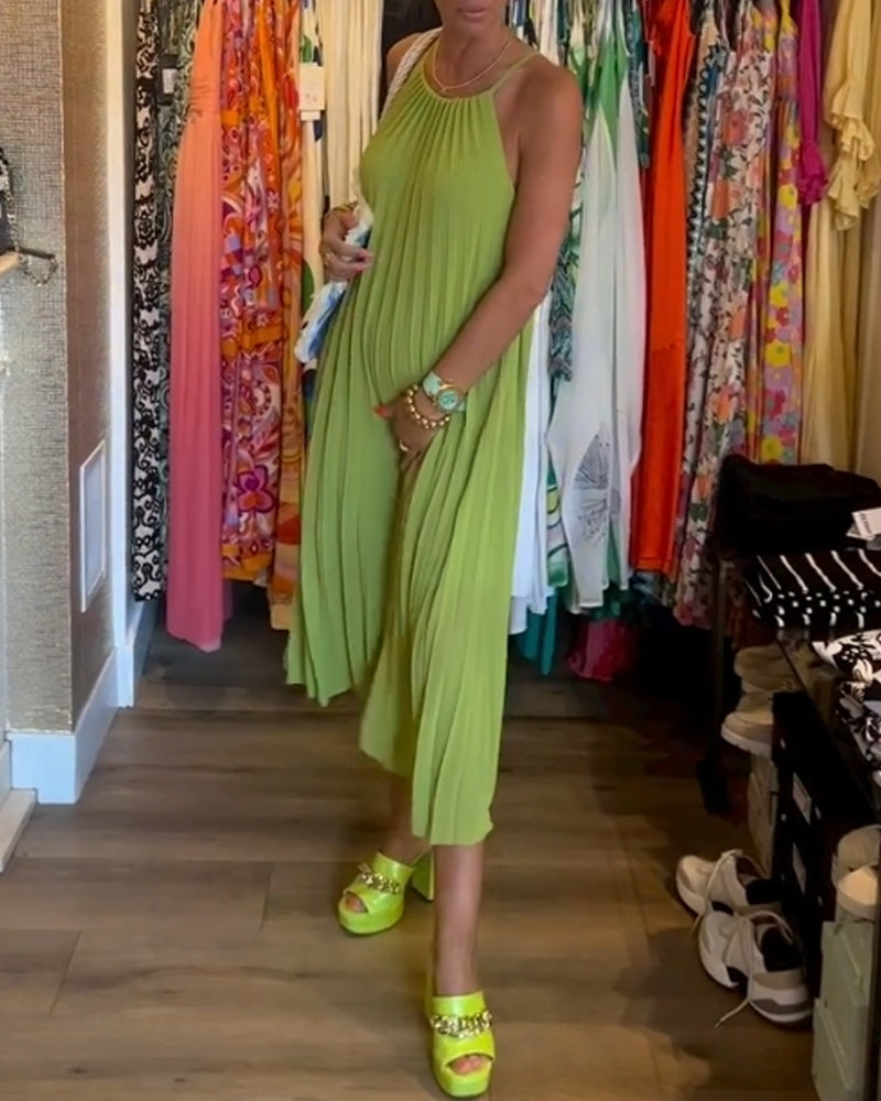 Pleated suspender solid color dress