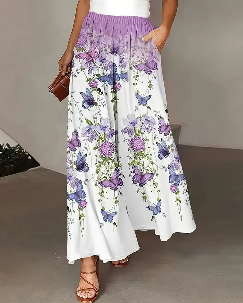 Butterfly print pocket wide leg pants