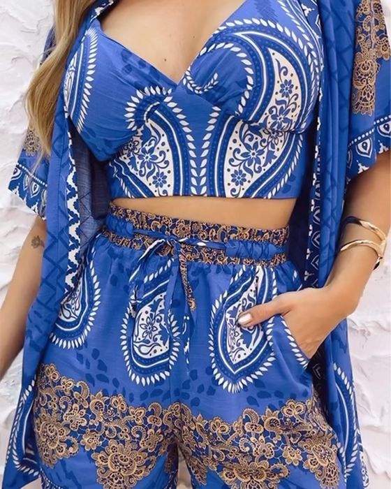 Elegant Paisley Print Three-Piece Swimsuit