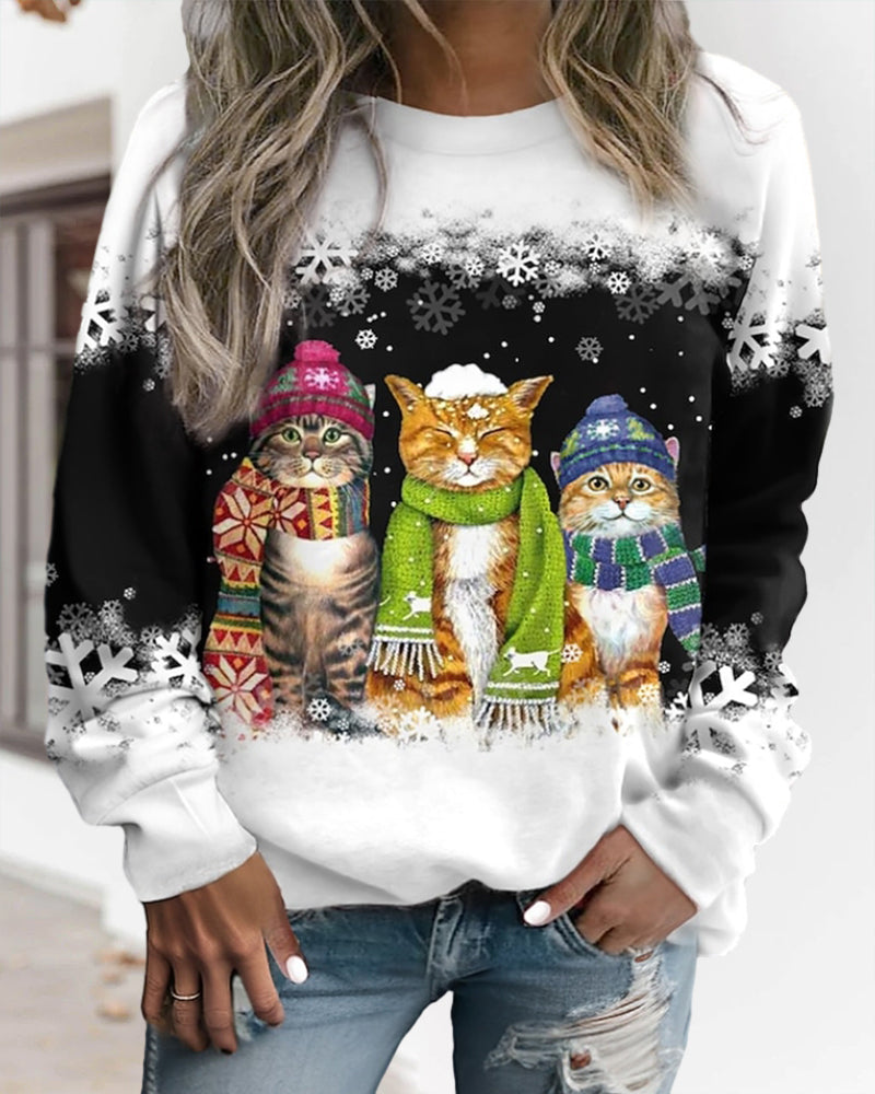Cat print round neck sweatshirt