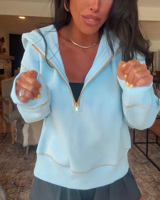 Loose Fit Hooded Solid Zip-Up Sweatshirt