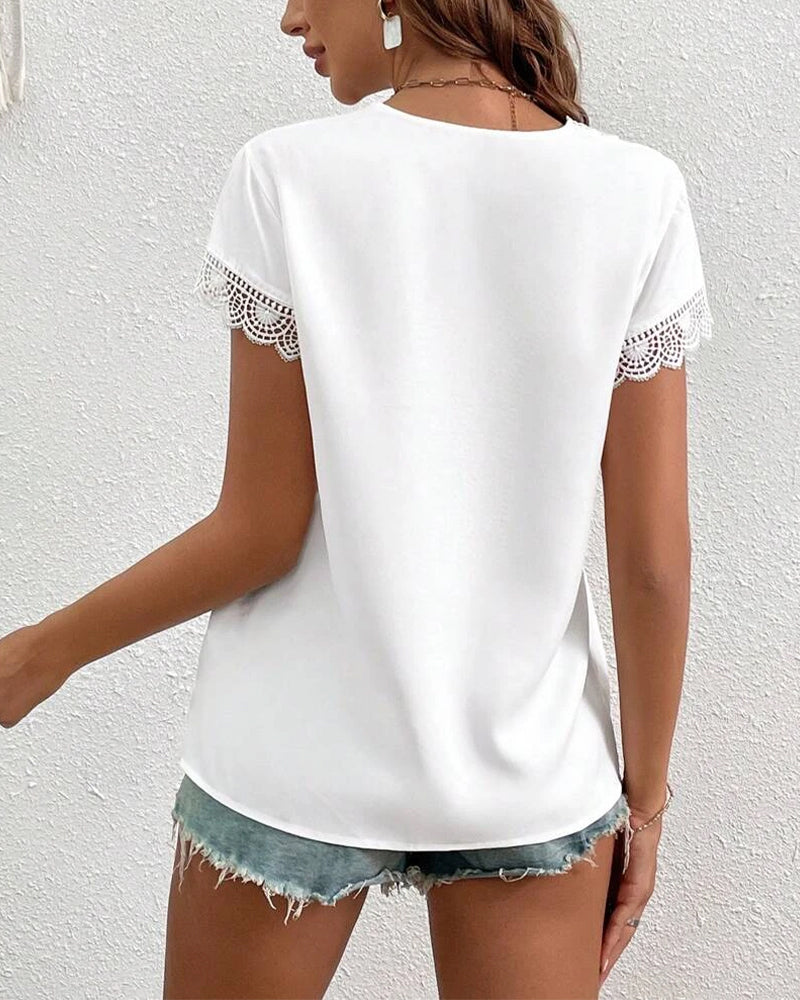 Lace Hollow Solid Color T-Shirt