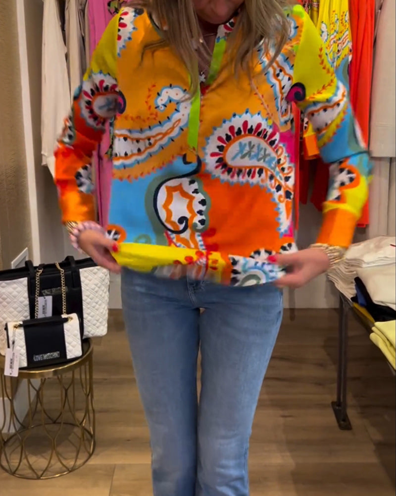Colorful printed V-neck long-sleeve blouse