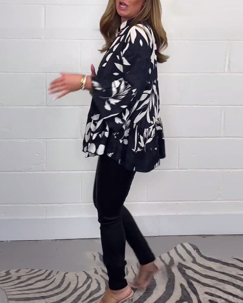 Printed button bell sleeve blouse