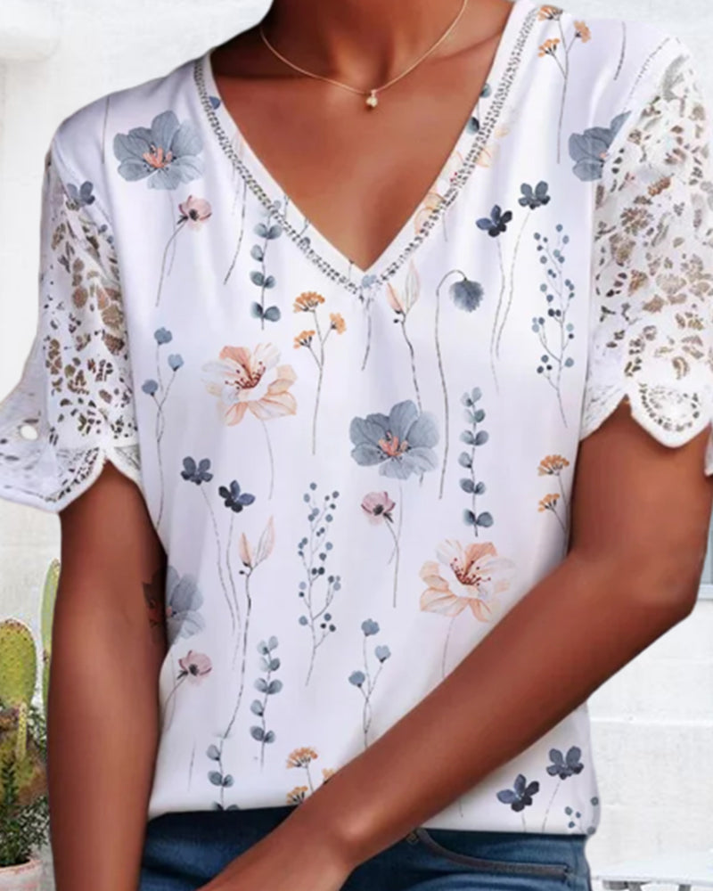 Lace-patched and printed blouse