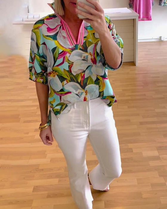 Floral print stand collar half sleeve blouse