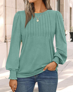 Balloon Sleeve Crewneck Pleated Top