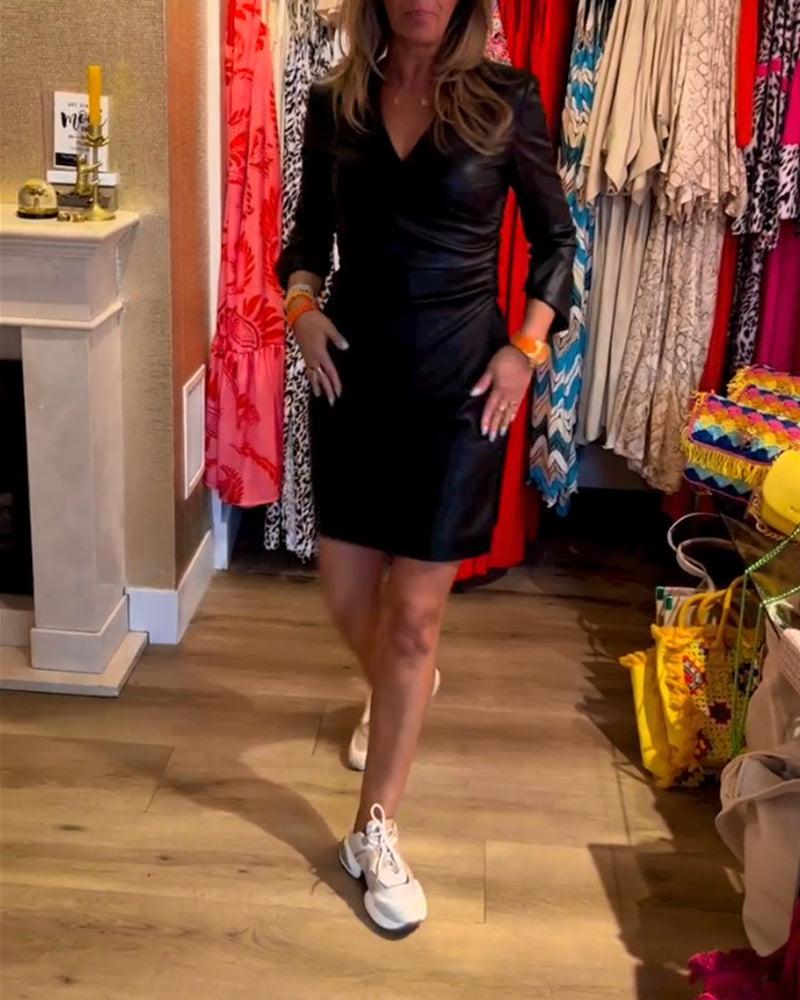 V Neck PU Bodycon Dress