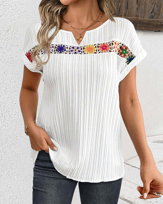 Patchwork printed rib short-sleeved top