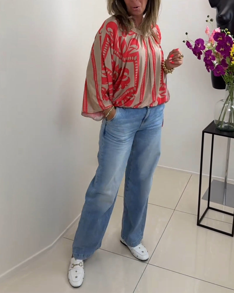 Printed crew neck long sleeve casual top