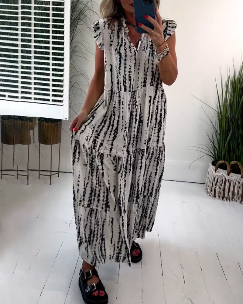 Fly Sleeve Printed V-Neck Dress