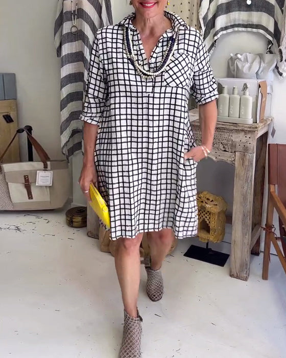 Plaid lapel pocket loose dress