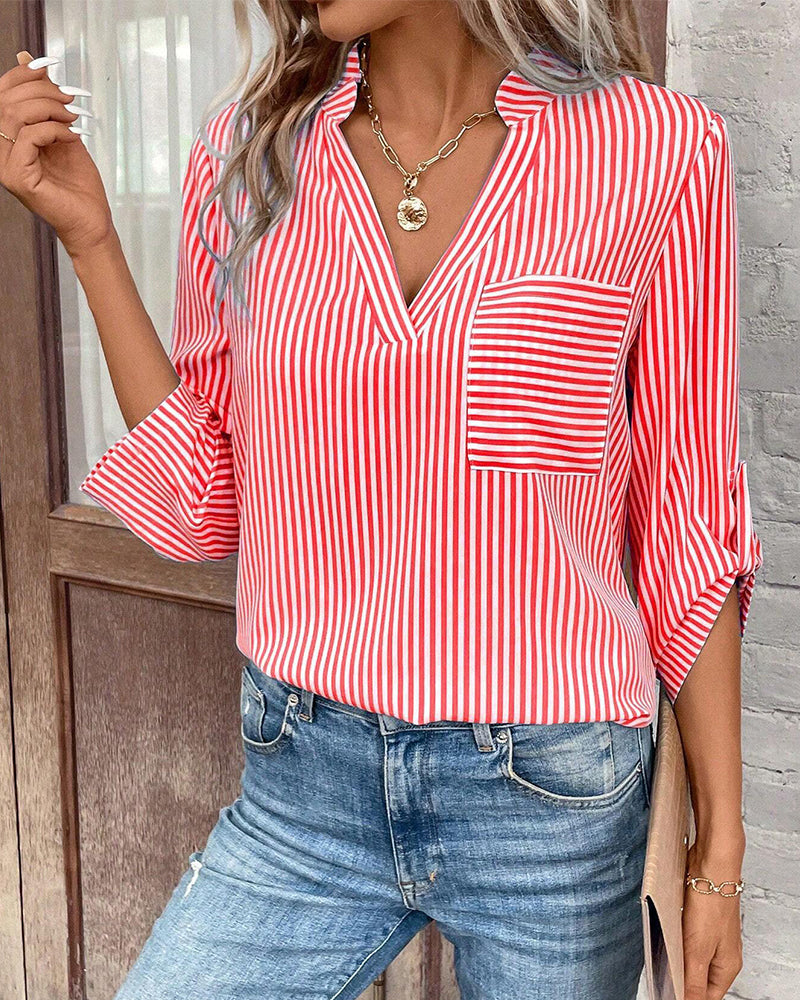 V-neck striped print casual blouse