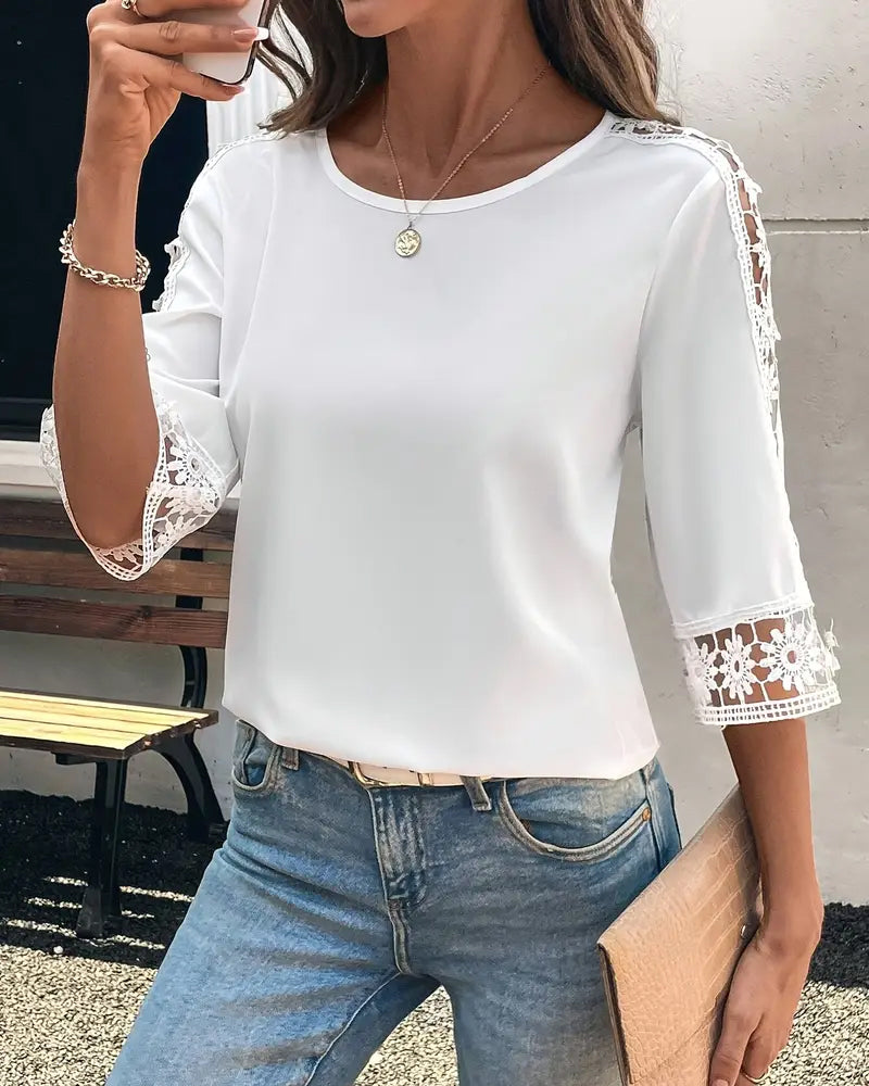 Solid Color Hollow Hook Patchwork T-Shirt