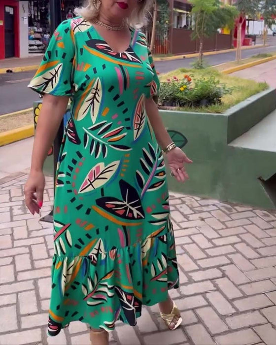 Leaf print V-neck patchwork long dress