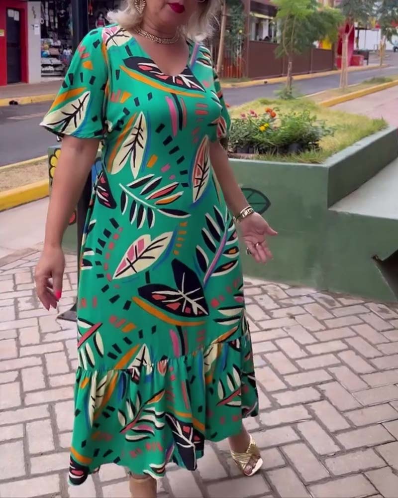 Leaf print V-neck patchwork long dress