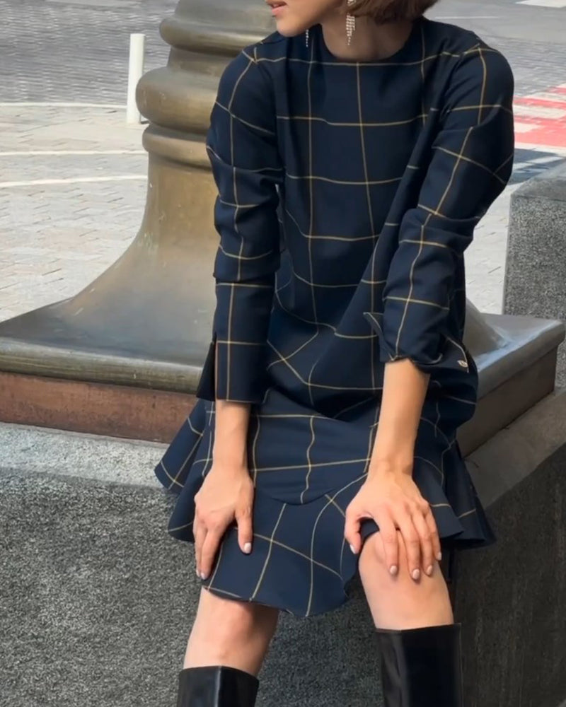 Vintage Round Neck Plaid Dress