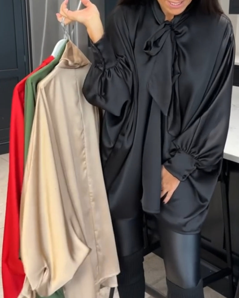 Ribbon collar solid color and elegant blouse