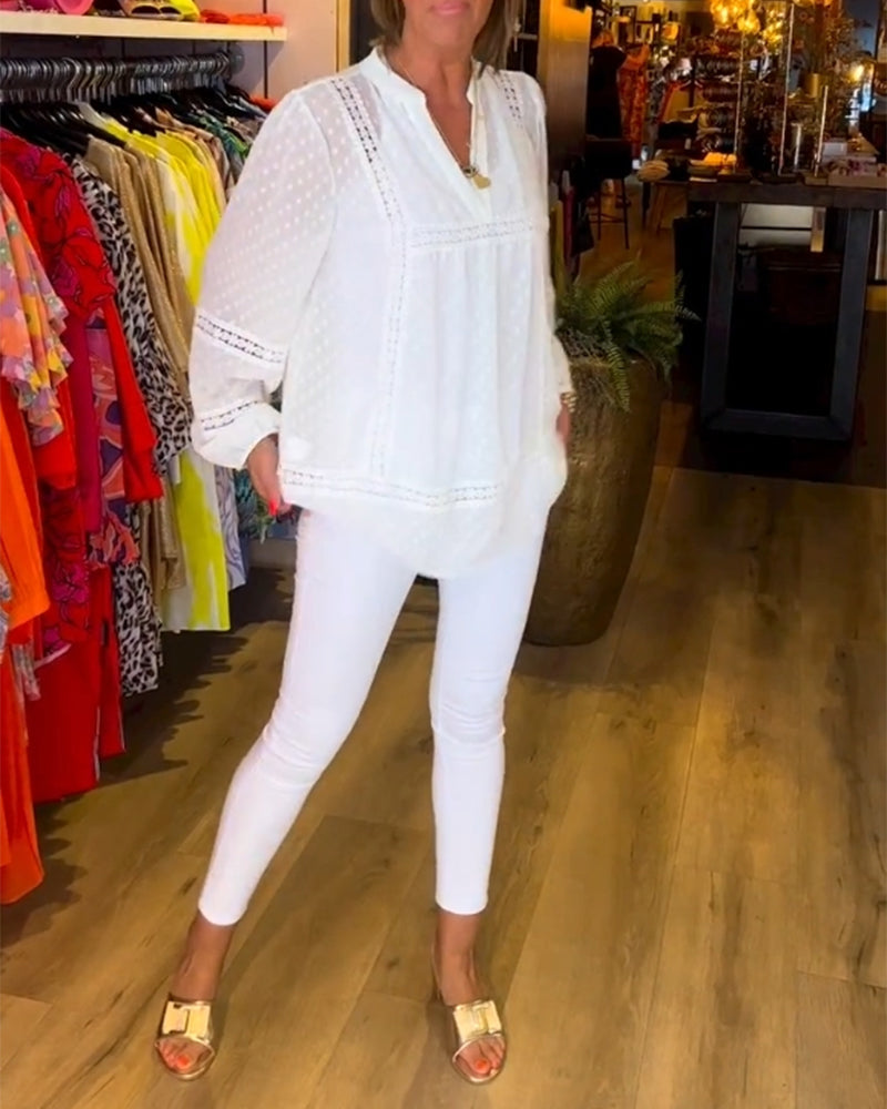 V-neck lace panel long-sleeved top