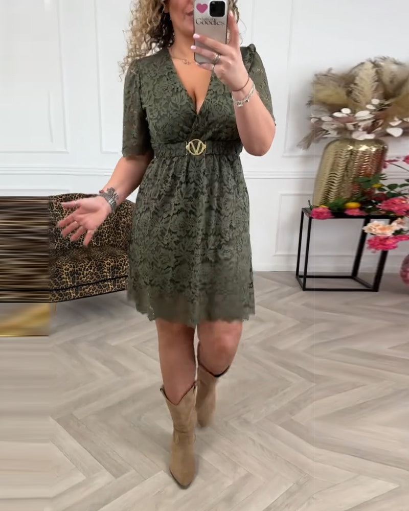 V-Neck Lace Short-Sleeved Dress
