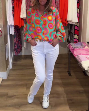 Colorful geometric print stand collar shirt