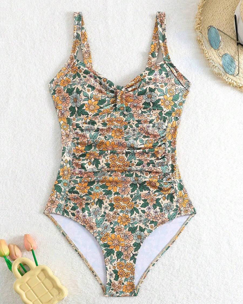 One-Piece Floral Print Triangle Swimsuit