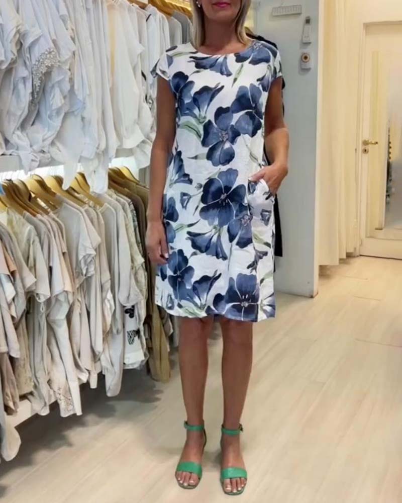 Floral print pocket short sleeve dress