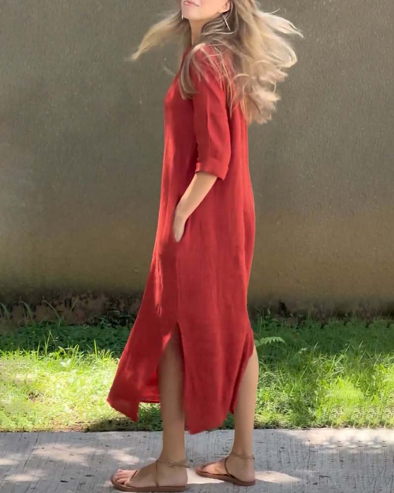 V-neck solid color pocket comfort dress