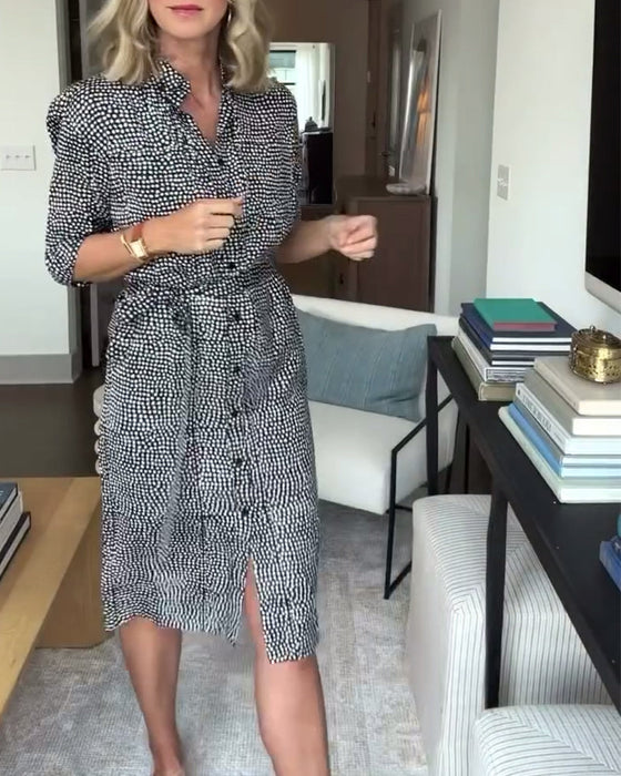 Print lapel button dress