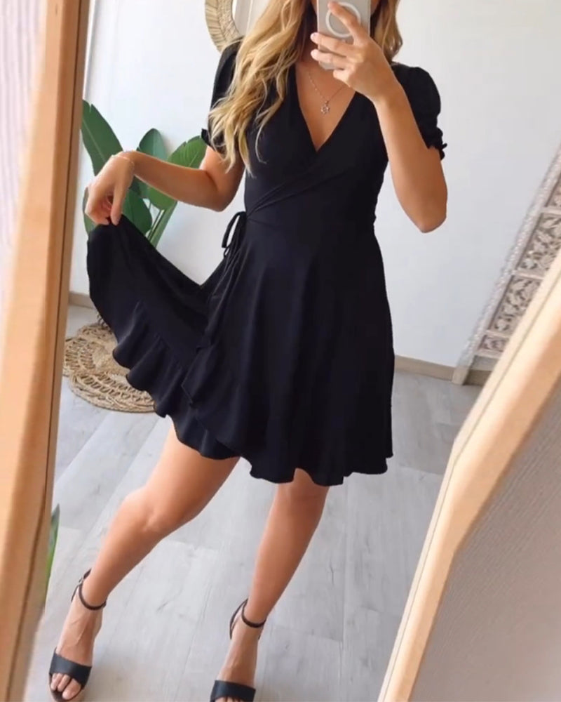 V-neck ruffle solid color strappy dress