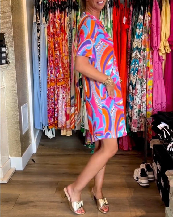 Colorful printed pocket V-neck dress