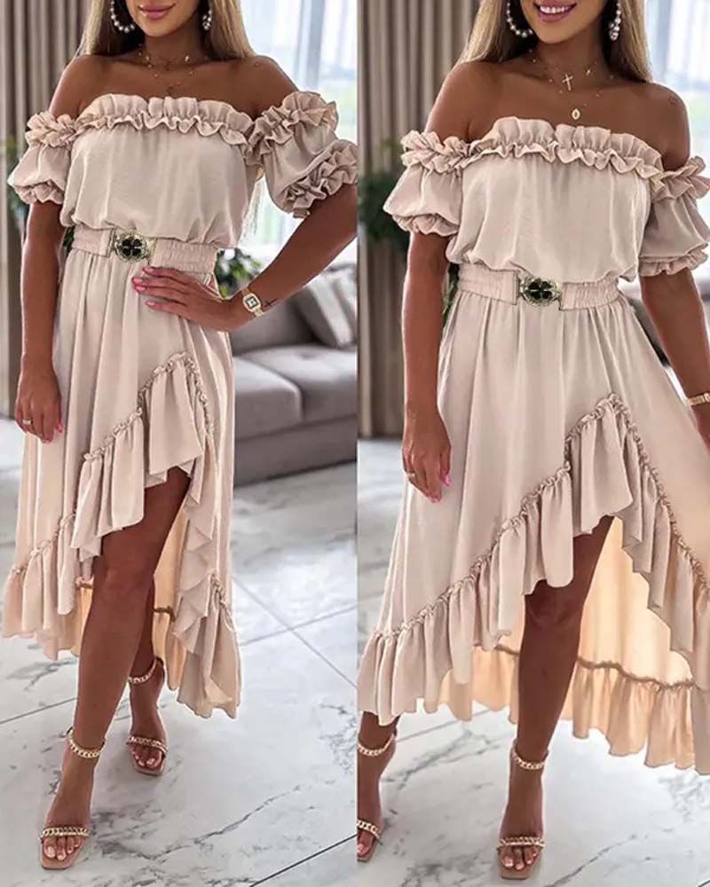 One shoulder puff sleeve solid color dress