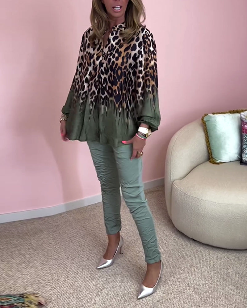 Leopard print long sleeve V-neck blouse