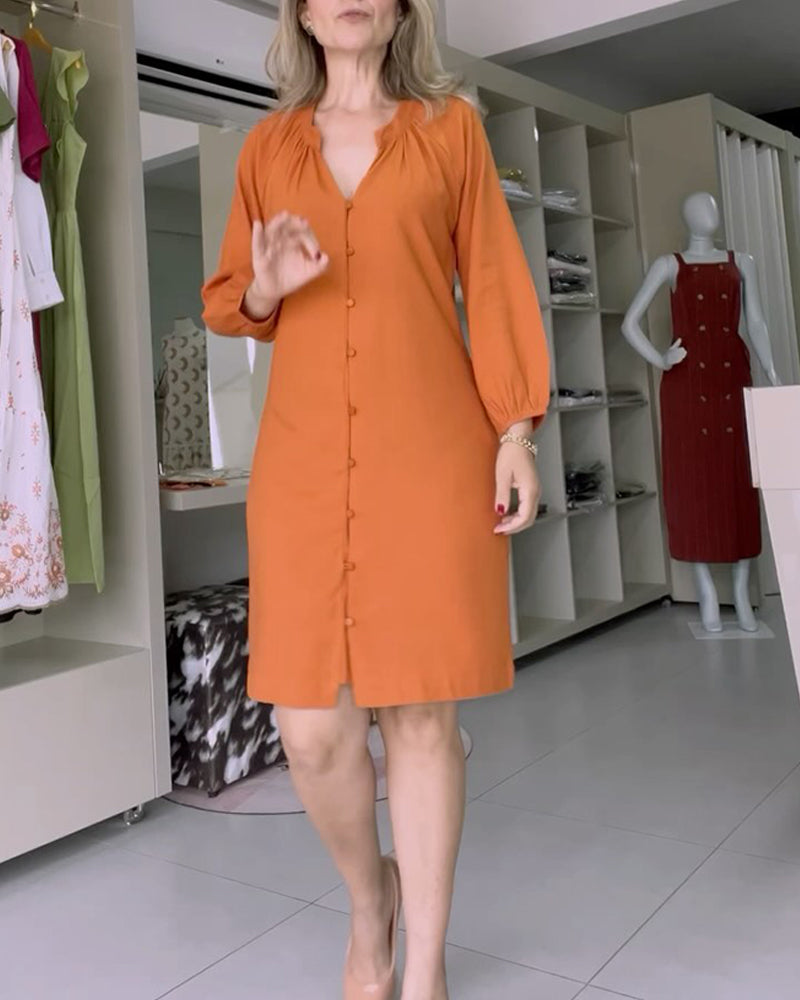 Casual solid color V-neck buttoned lantern sleeve dress