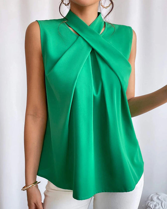 Cross Neck Solid Color Pleated Top