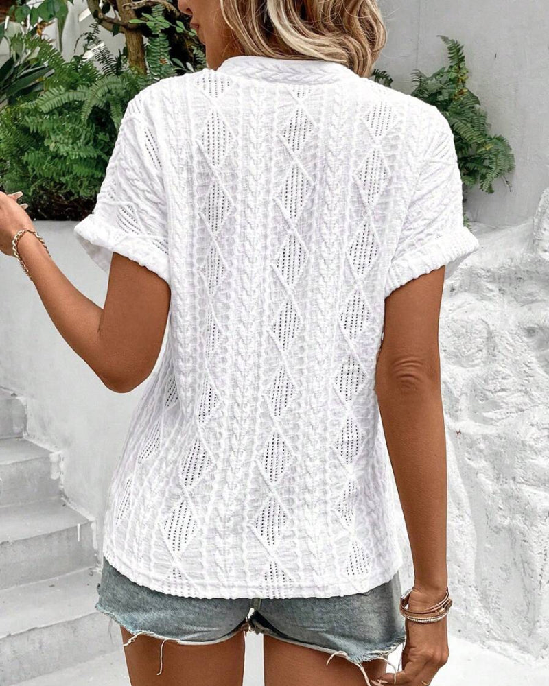 V-Neck Solid Color Hollow Breathable Blouse