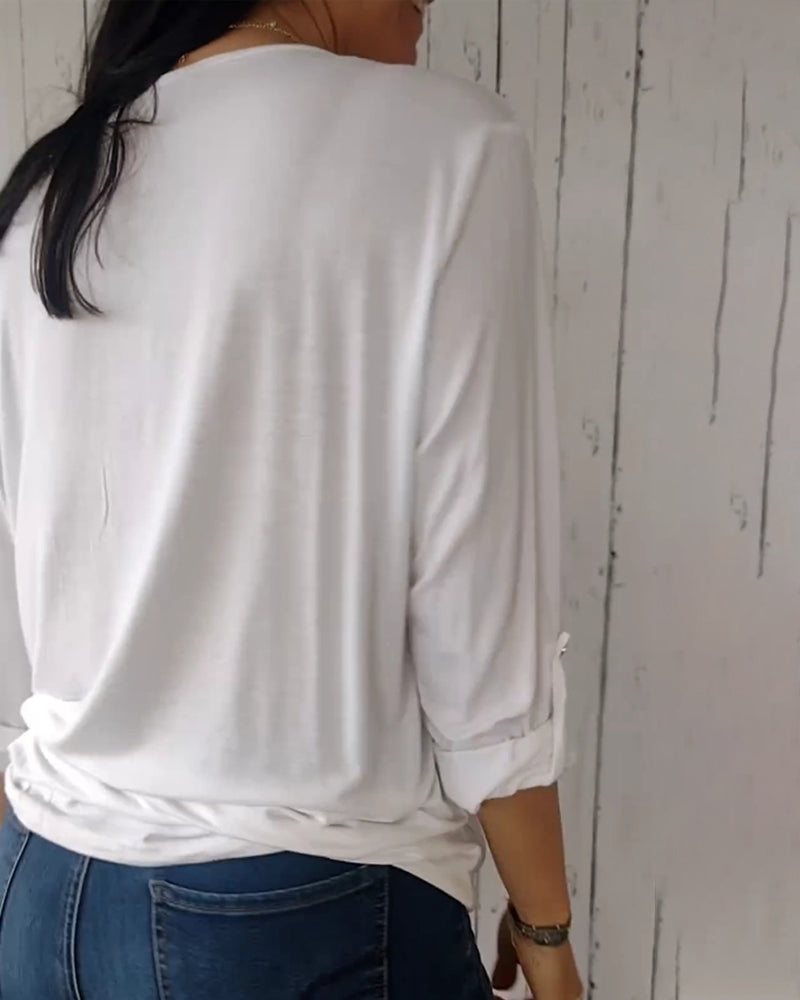 V-neck embroidered long-sleeved top