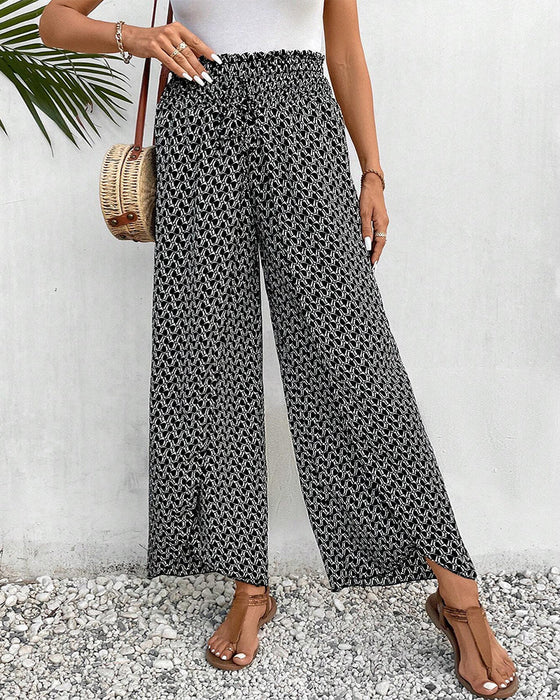 Elastic printed slit wide-leg pants