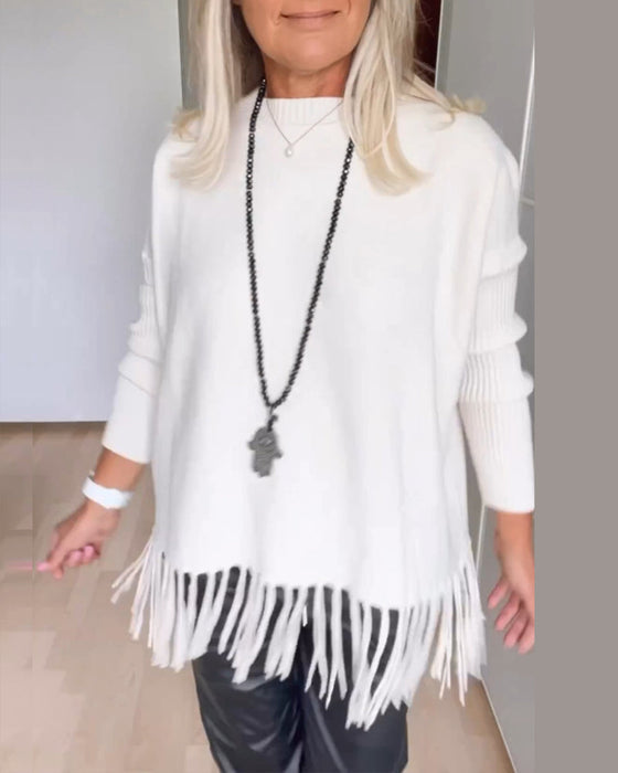 Solid color fringed casual sweater