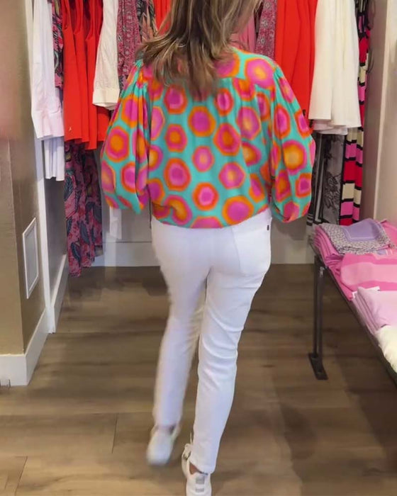 Colorful geometric print stand collar shirt