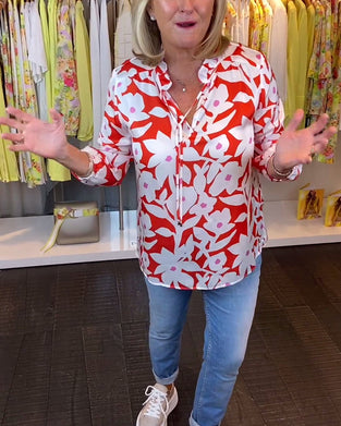 Floral print V-neck lace up blouse