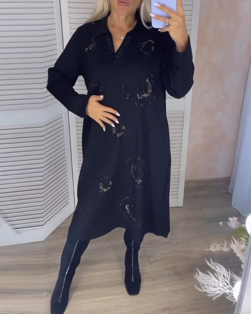 Lapel Long Sleeve Midi Dress