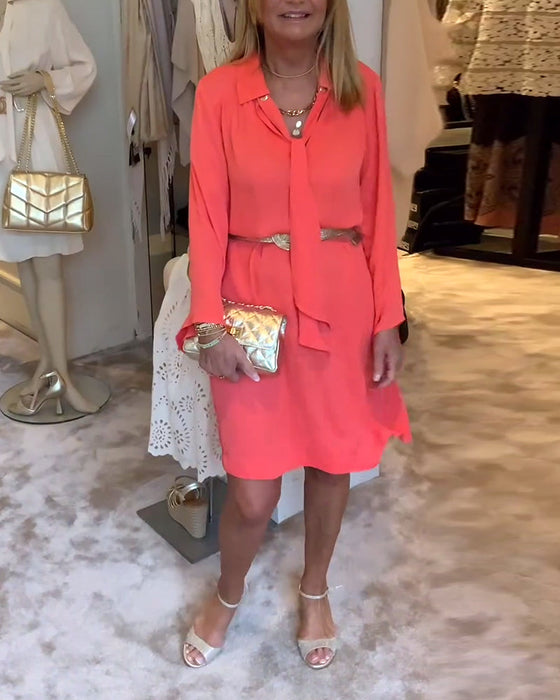 Lapel solid color ribbon dress