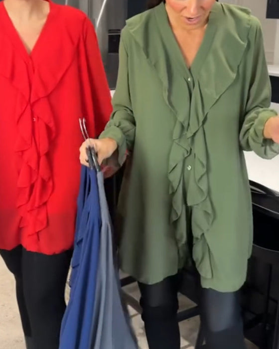 Lotus leaf v-neck solid color blouse