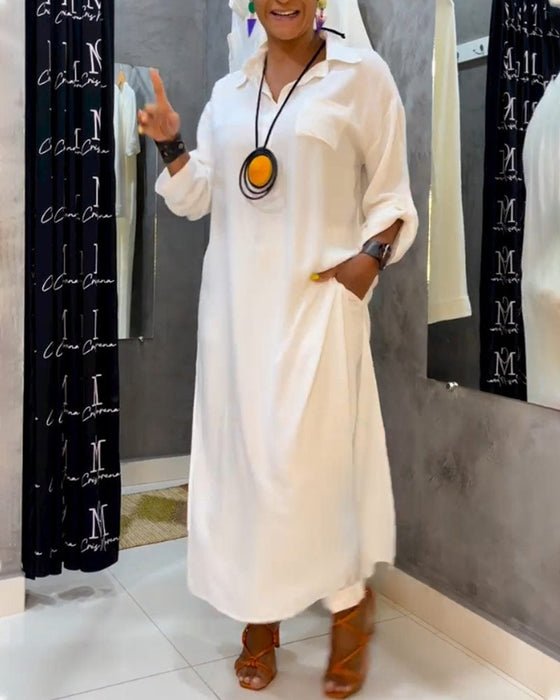 Solid color lapel pocket dress