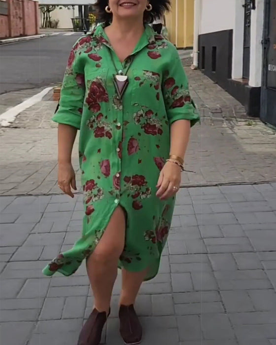 Button printed lapel dress