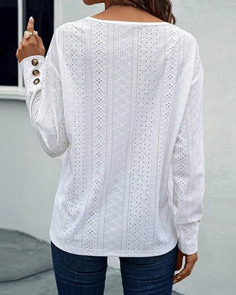 Casual V-Neck Hollow Solid Color Blouse