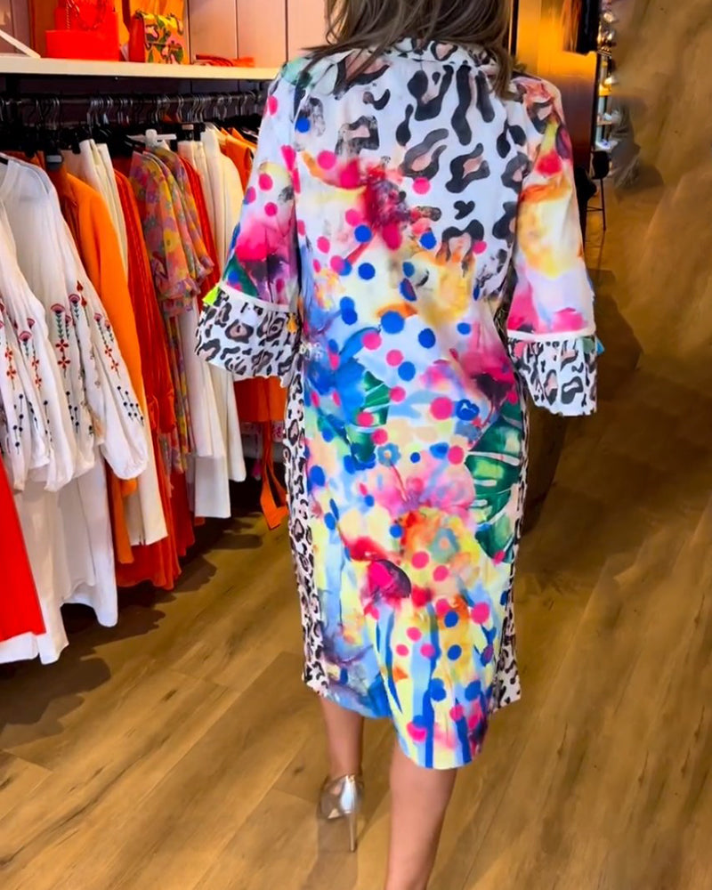 Paneled leopard print V-neck midi dress